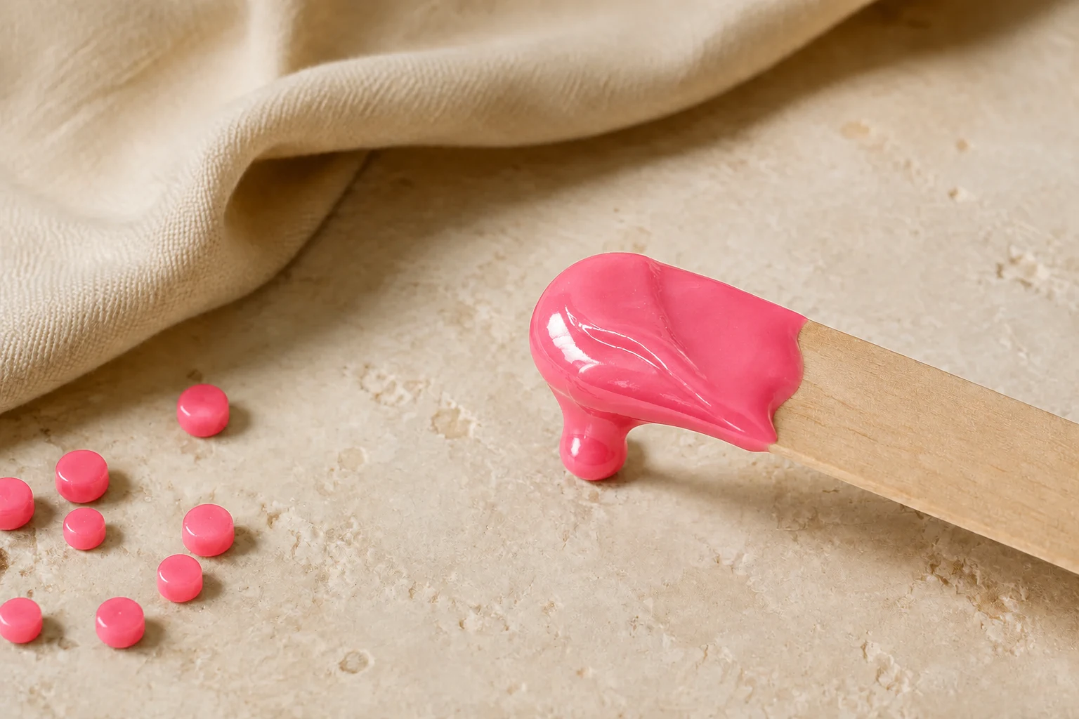Passion-pink hard wax on a wooden spatula with wax beads on a warm stone surface
